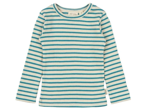 Langærmet bluse fra Petit Piao med turkis og råhvide striber PP303 turquoise dark off white